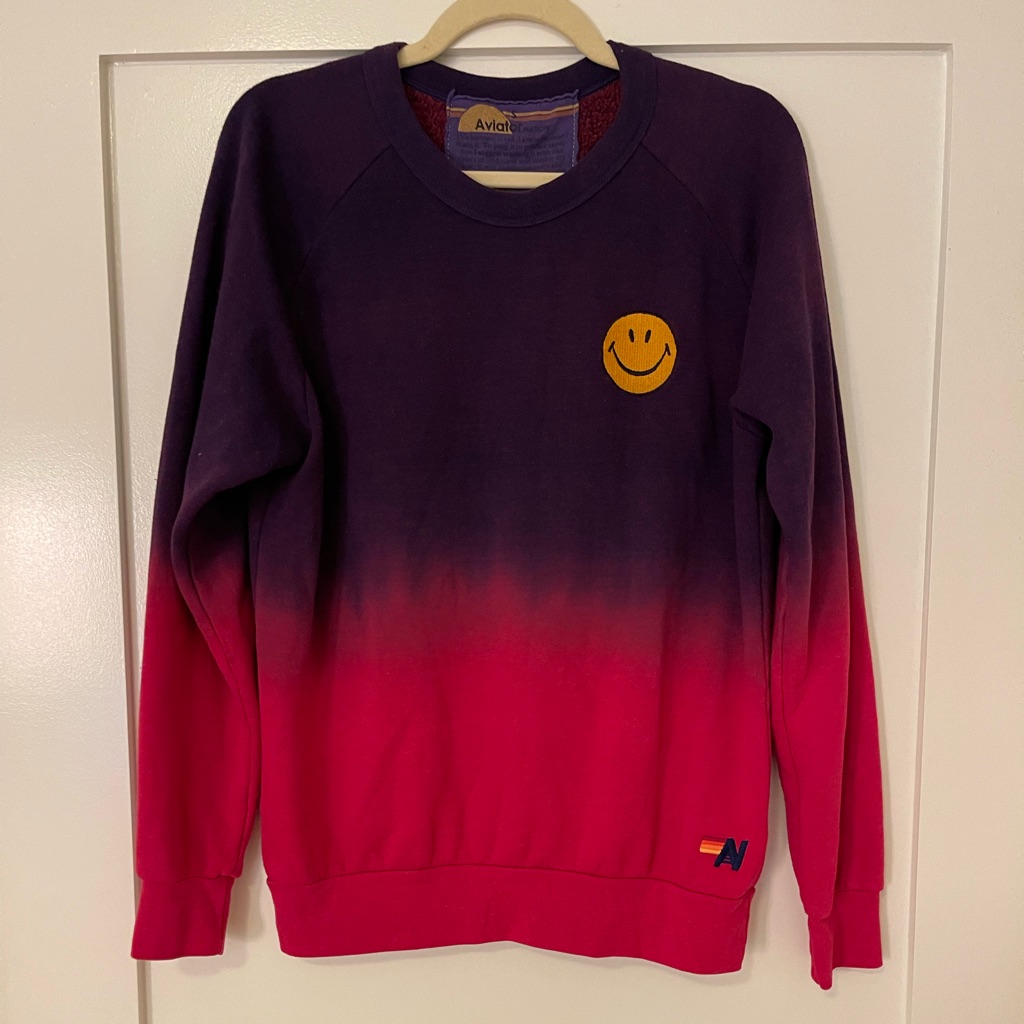Aviator Nation Smiley Tie Dye Crewneck Sweatshirt- Pink & Purple Dip Dye, Size S